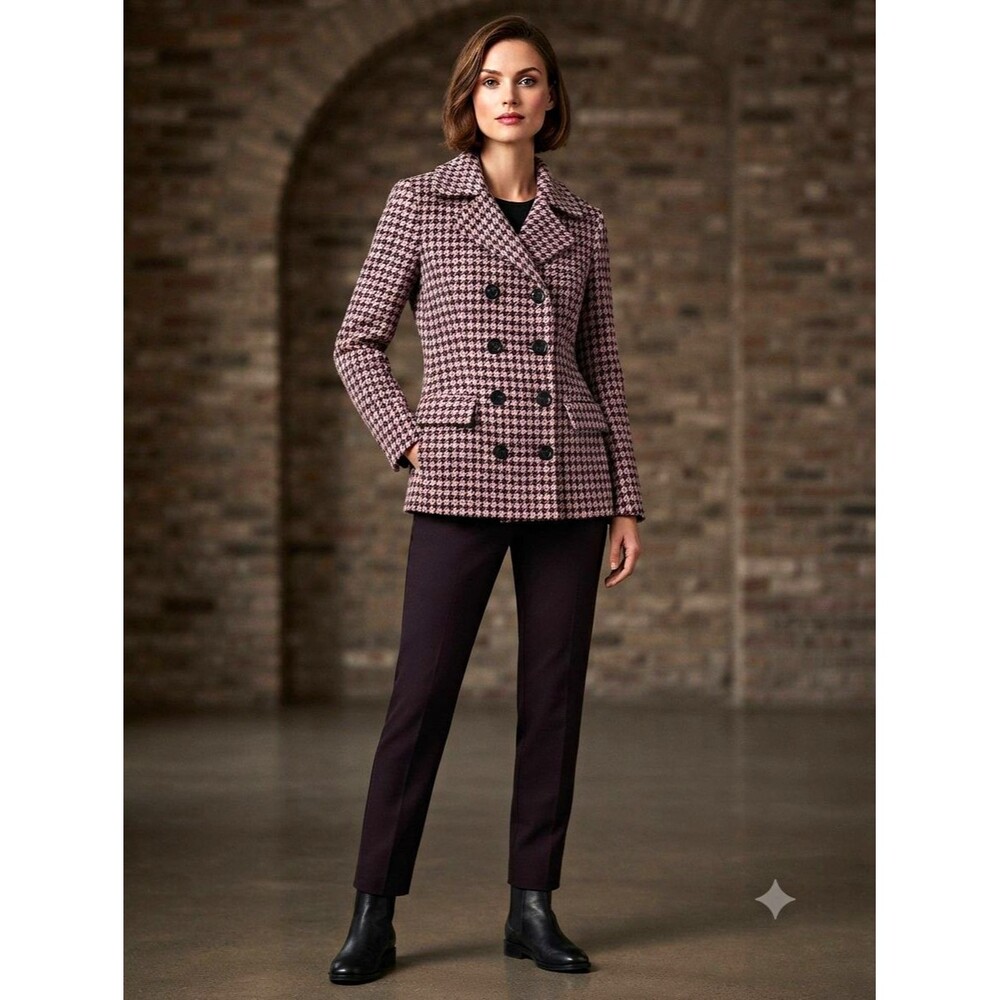 Pink Brown Houndstooth Pea Coat Women’s S Button Short Preppy Academia Hipster